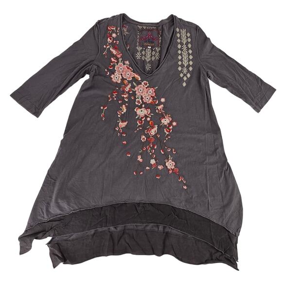Johnny Was Tops - Johnny Was Embroided Cherry Blossom Gray Fairy Asymmetrical Tunic Womens Small